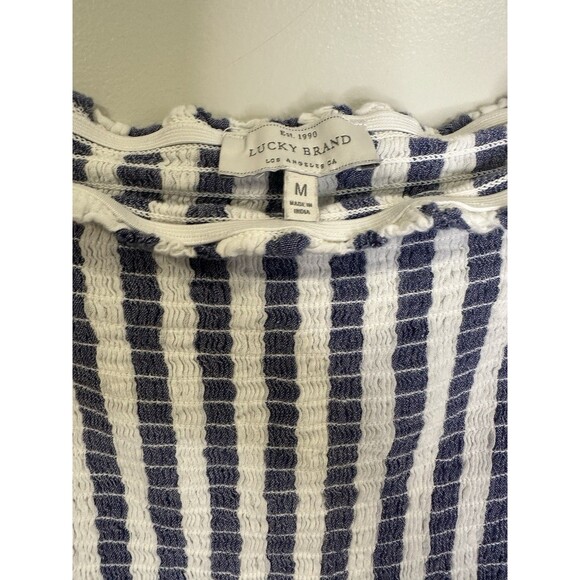 Lucky Brand Top Shirt Womens‎ Medium White Blue Striped Smocking Tunic Bell - Picture 5 of 7